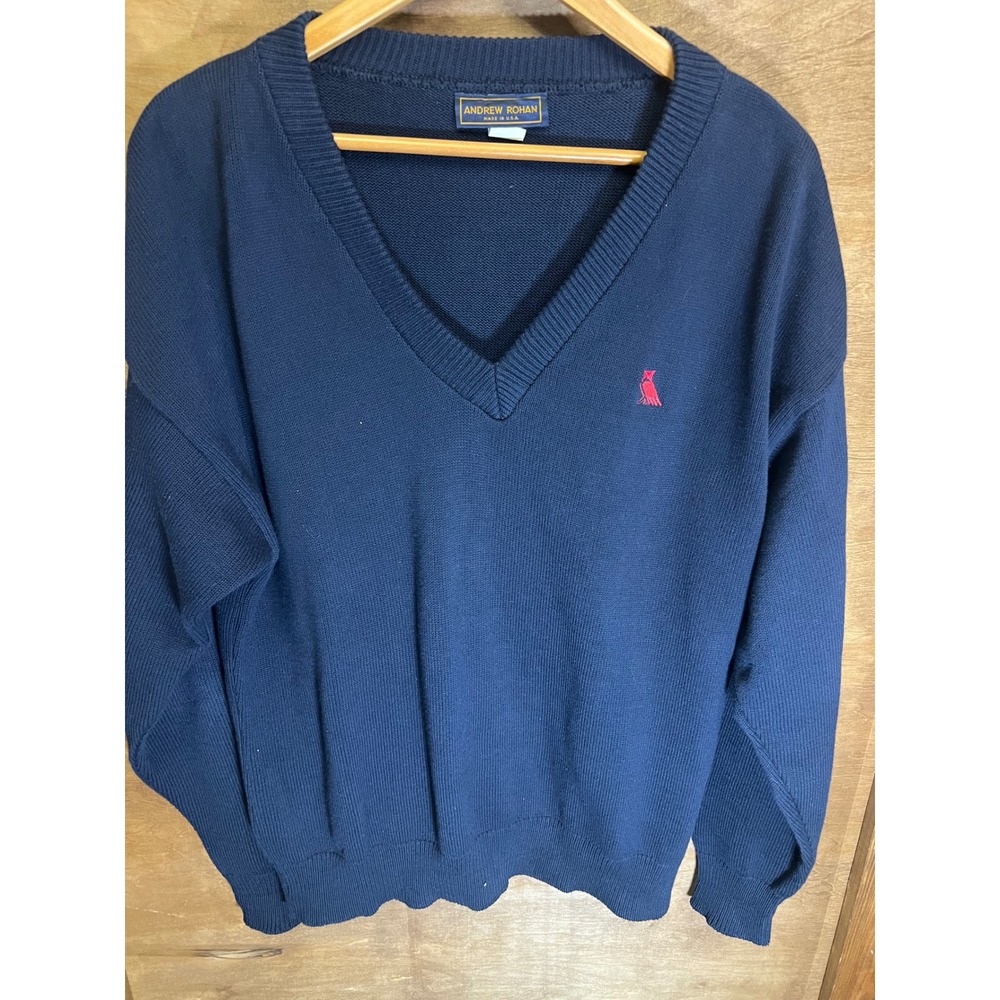 Andrew Rohan Mens Navy Blue V-Neck Sweater Embroidered Owl Logo Made‎ in USA